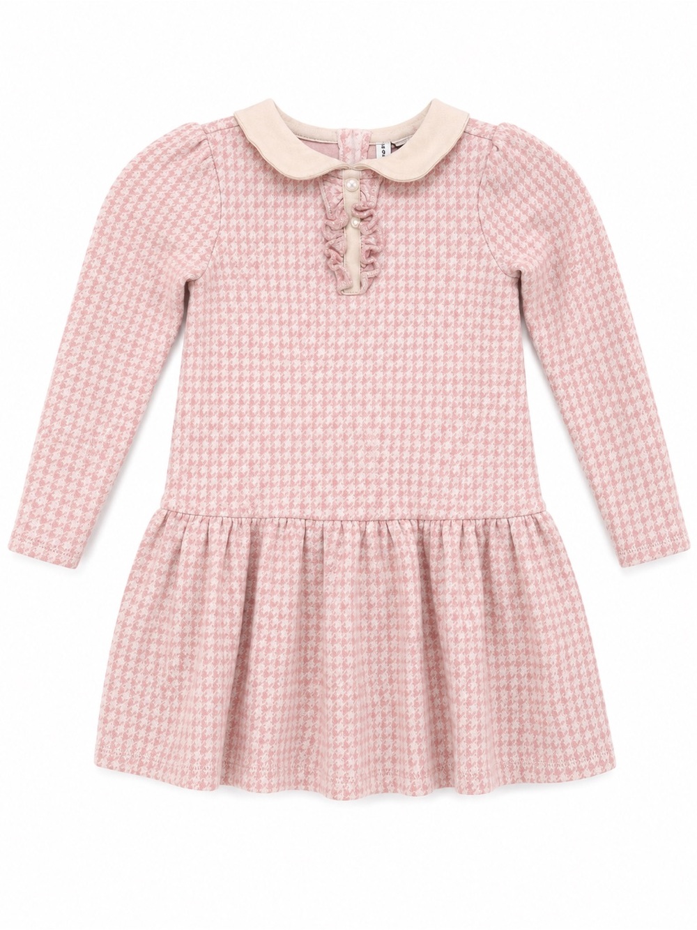 Janie and Jack Pink Houndstooth Long-Sleeve Dress with Cream Peter Pan Collar